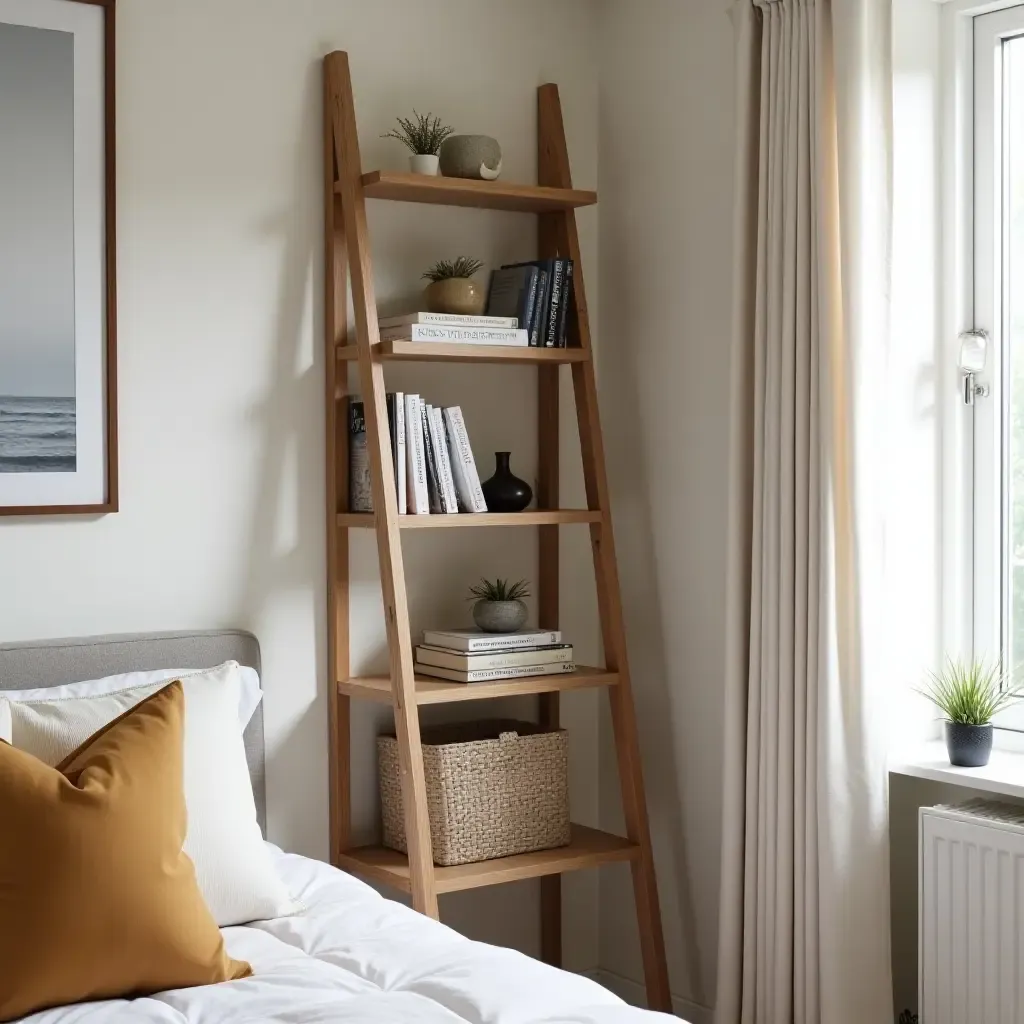 a photo of a ladder-style bookshelf in a small bedroom