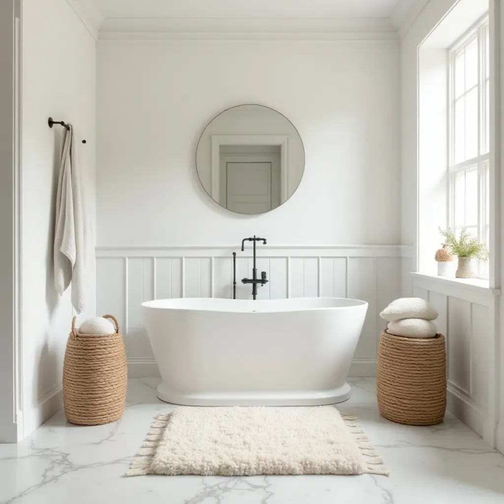 a photo of a soft cotton rug in a farmhouse bathroom