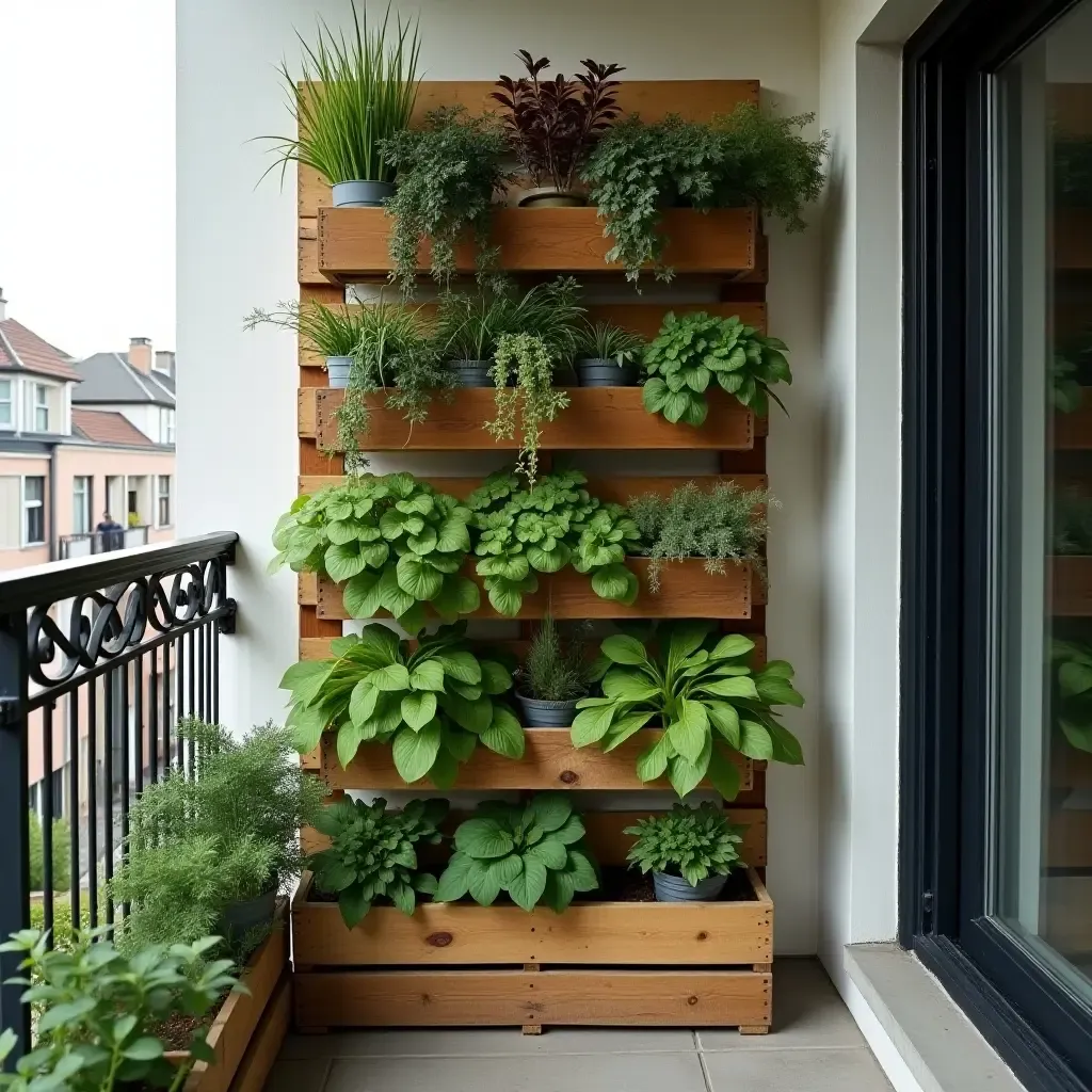 a photo of a vertical garden made from repurposed wooden pallets on a balcony