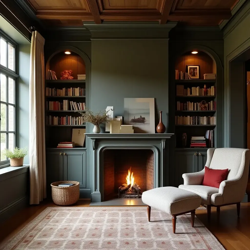 a photo of a farmhouse library featuring a cozy fireplace and reading chair