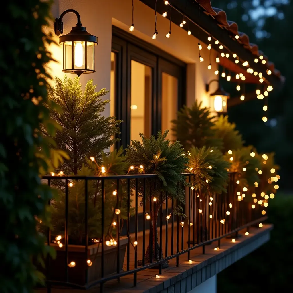 a photo of a balcony with metallic garden decor and fairy lights