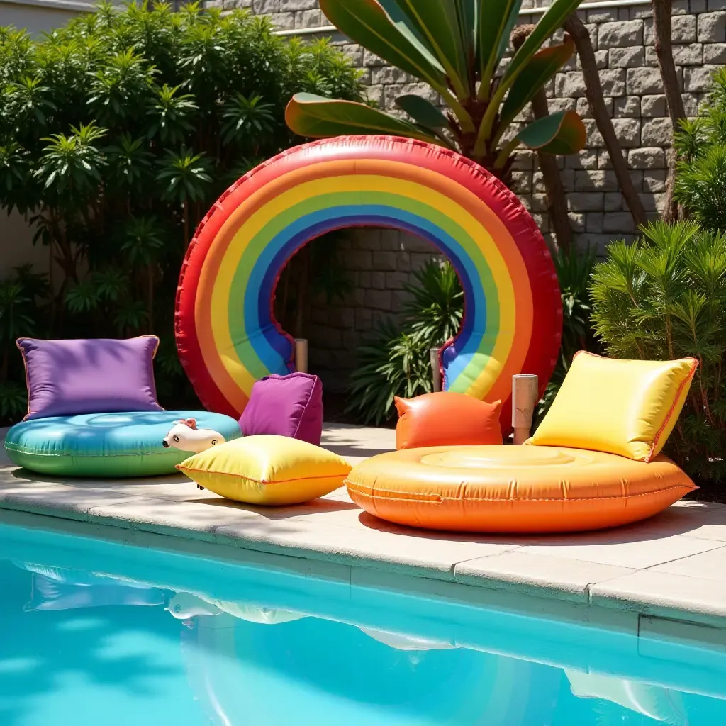 a photo of a whimsical pool area featuring rainbow-colored pool floats and bright cushions