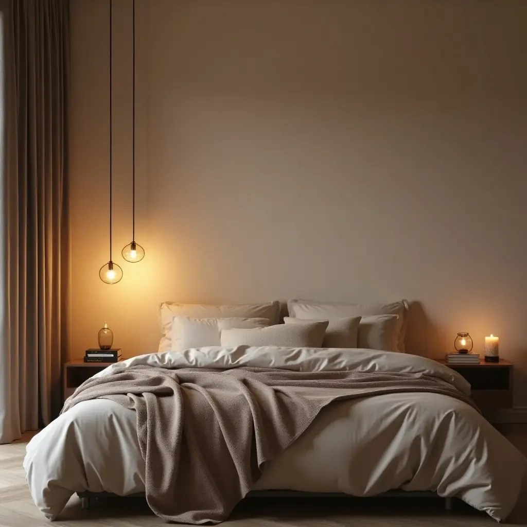 a photo of a serene bedroom with soft, glowing pendant lights