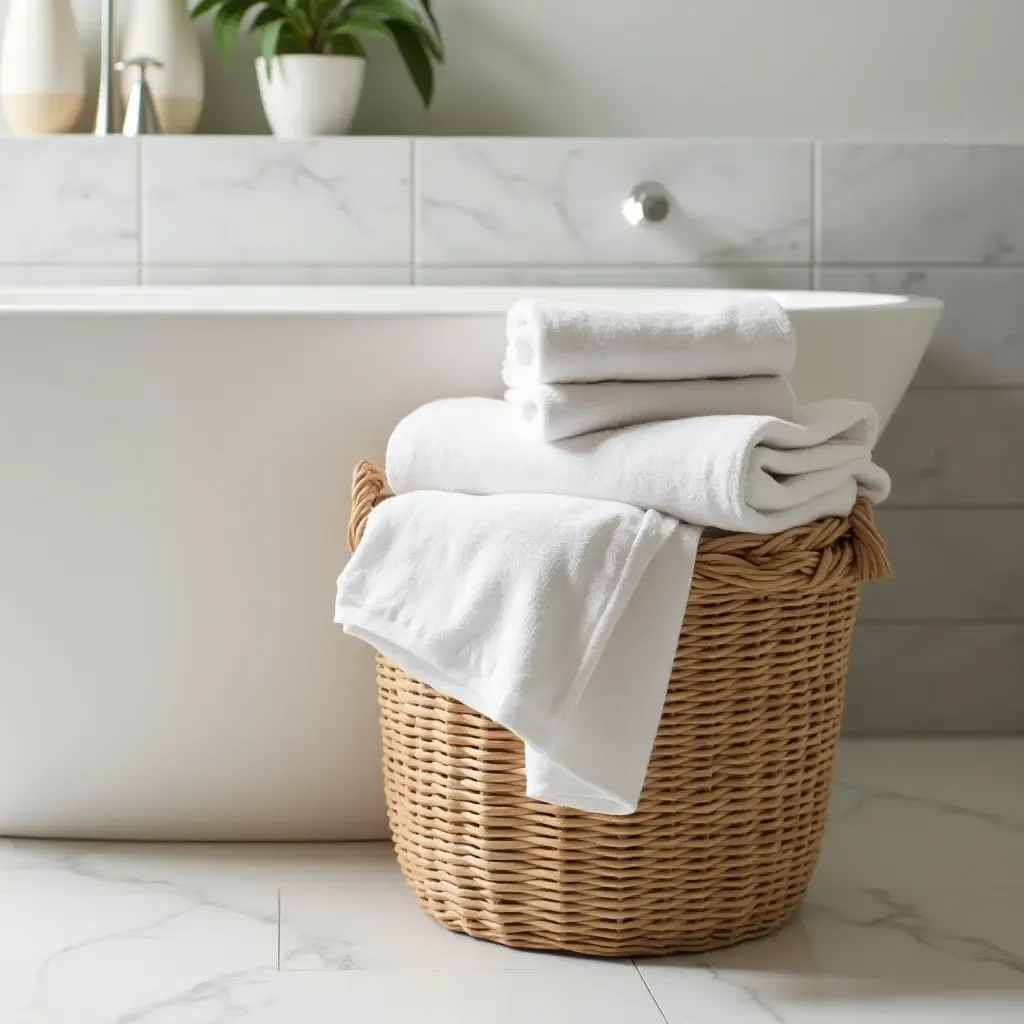 a photo of towels stacked in a chic bathroom basket