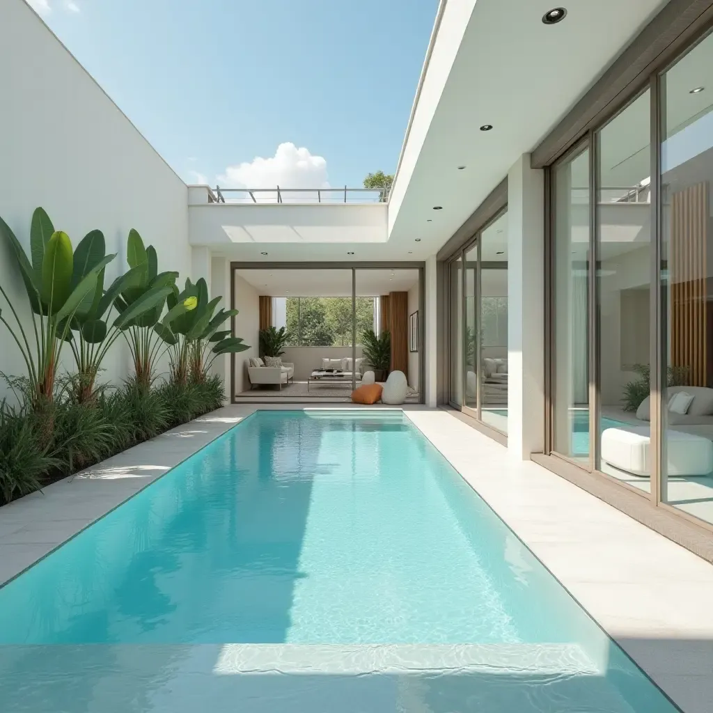 a photo of a bright and airy pool area with stylish storage solutions