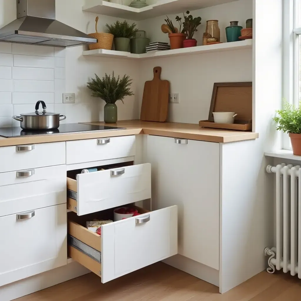 a photo of a small kitchen with a well-organized drawer system and decor