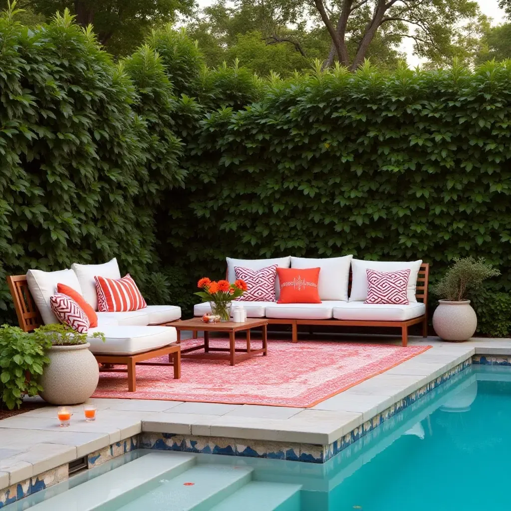 a photo of a vibrant outdoor rug and cushions creating a lounge area by the pool