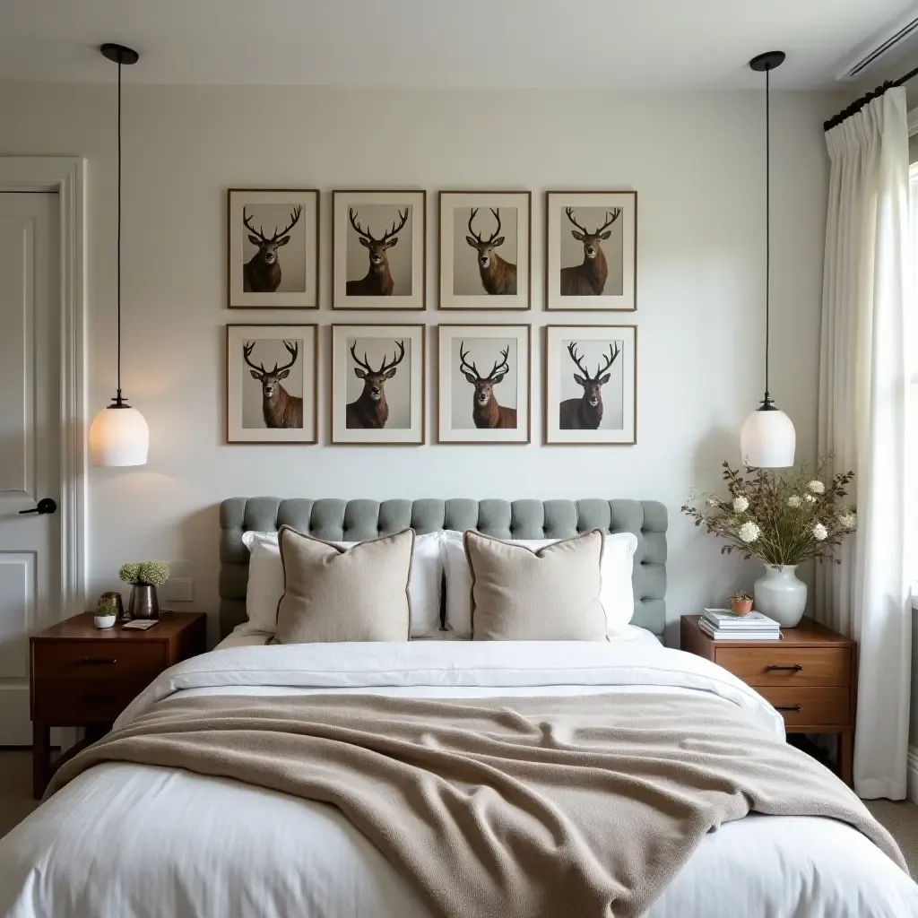 a photo of a nature-inspired bedroom featuring a gallery wall of wildlife photography