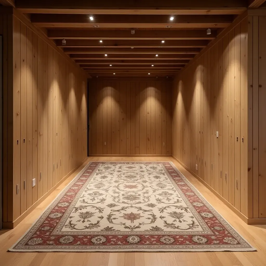 a photo of a basement with wooden flooring and area rugs