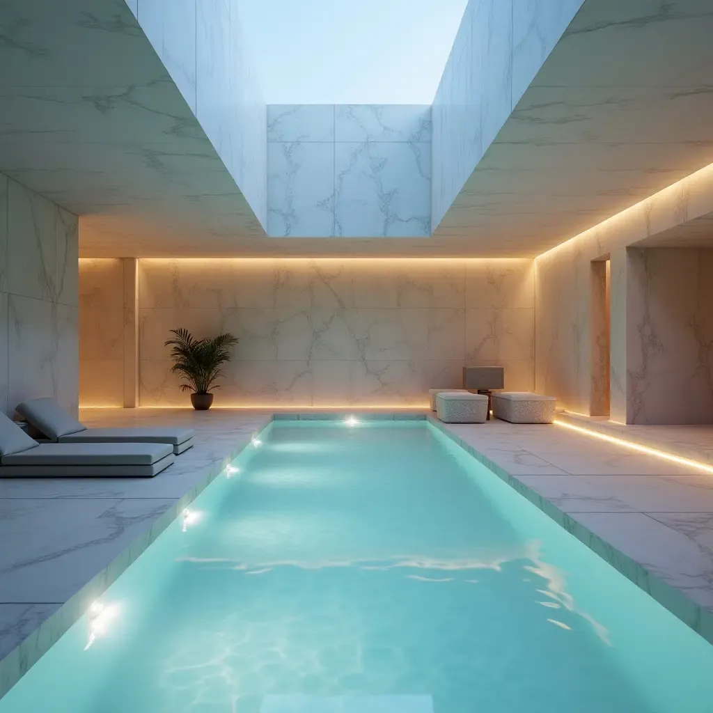 a photo of a serene marble pool area with minimalist decor and soft, ambient lighting