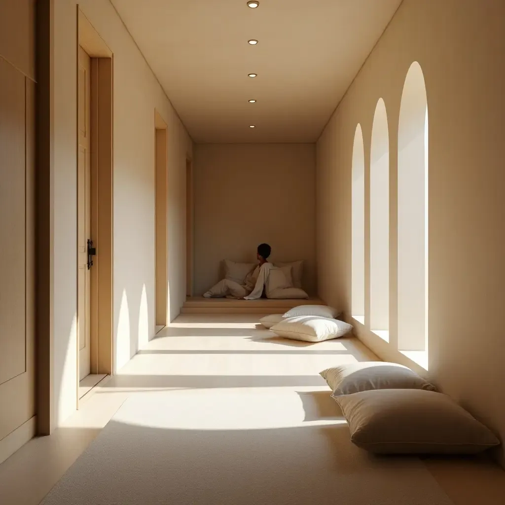 a photo of a serene corridor with a meditation corner and cushions