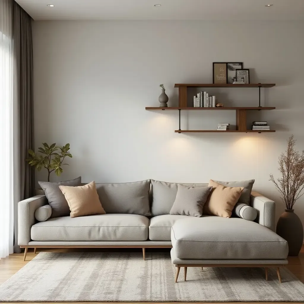 a photo of a cozy small living room with a multifunctional sofa and wall-mounted shelves