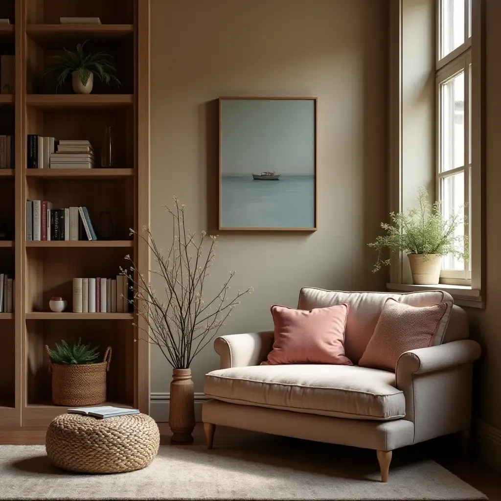 a photo of a reading nook with an inviting atmosphere and soft textures