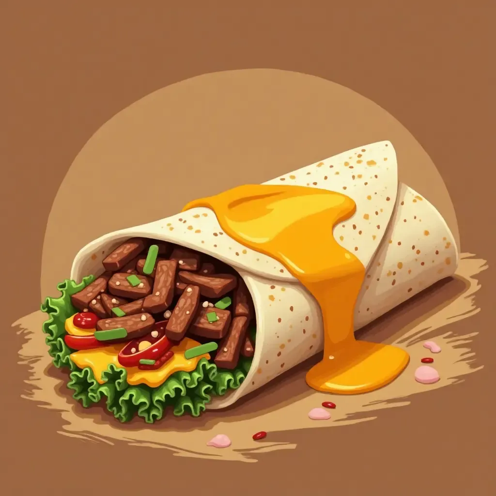 a photo of a vibrant Korean-style breakfast burrito with bulgogi, eggs, and vegetables.