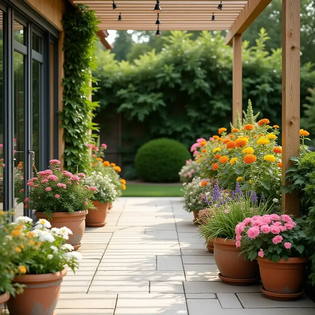 a photo of a patio with seasonal flowers and decorative pots