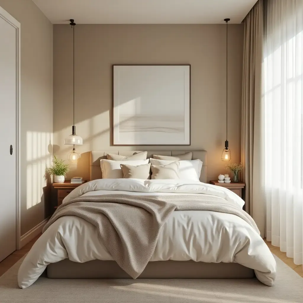 a photo of a serene 8x8 bedroom featuring a calming color palette