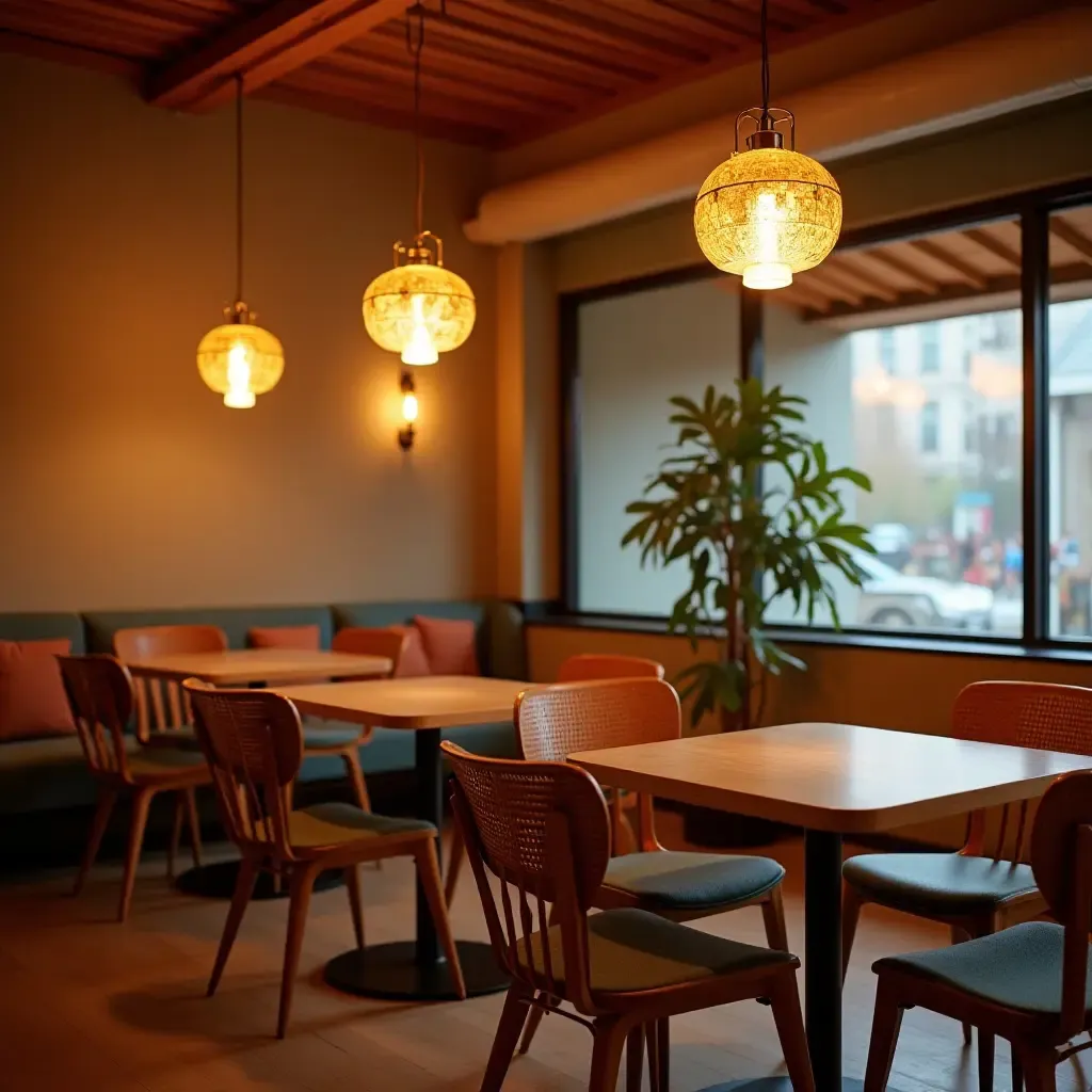 a photo of a retro-style room featuring funky pendant lights