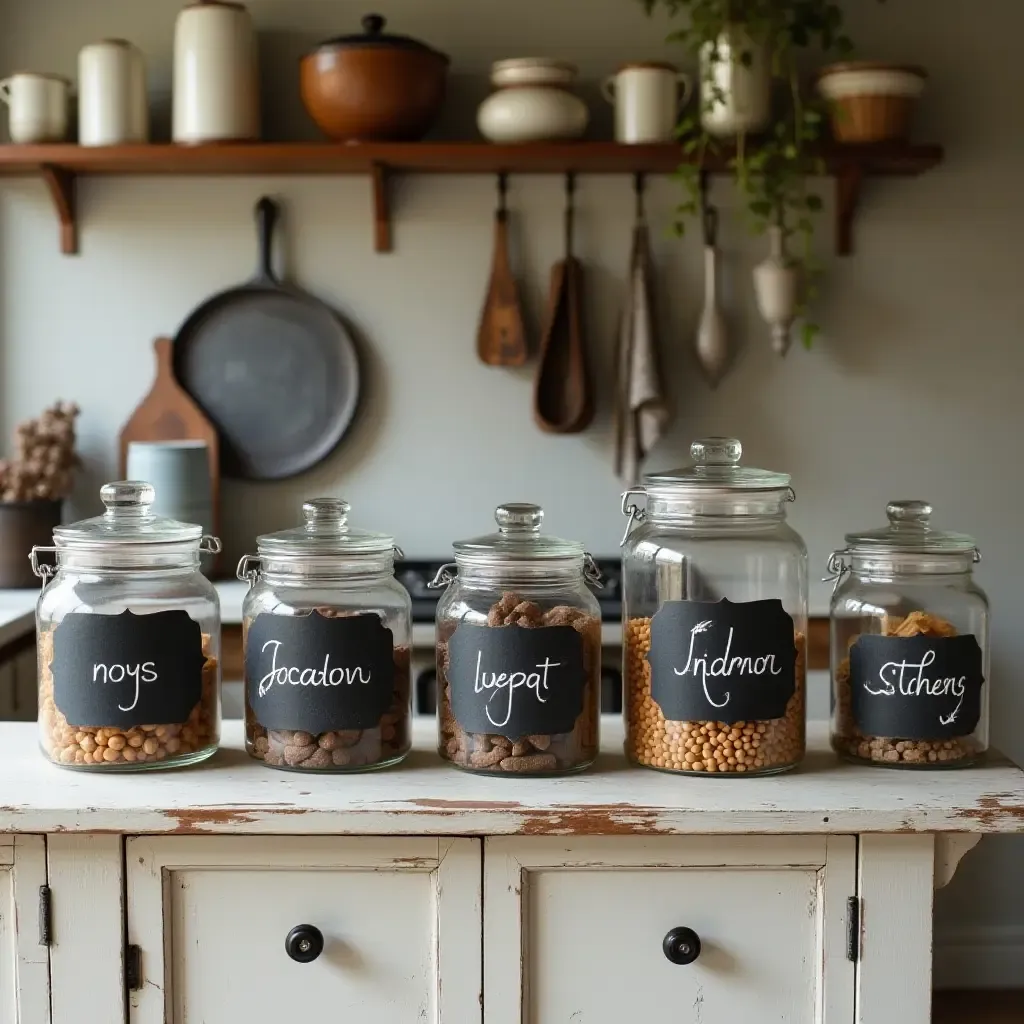 a photo of a vintage kitchen featuring chalkboard labels on jars and stylish accessories