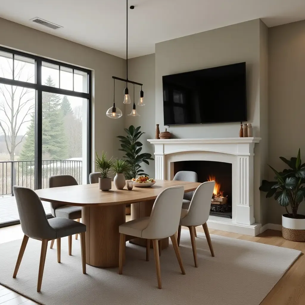 a photo of an open-concept dining area with a TV above a stylish fireplace