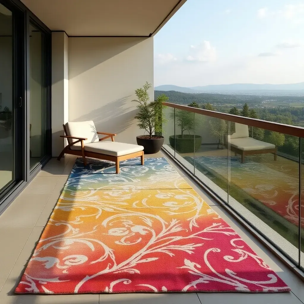 a photo of a colorful, oversized outdoor rug on a large balcony