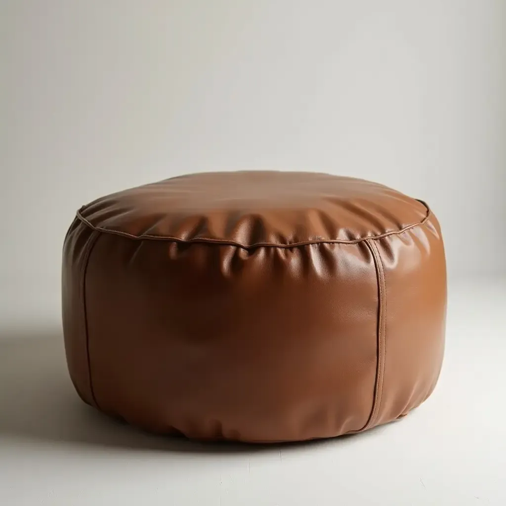 a photo of a stylish pouf in leather or suede for extra seating