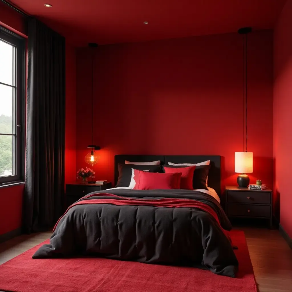 a photo of a dynamic red and black color scheme for a teen&#x27;s bedroom