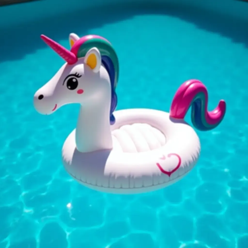 a photo of a whimsical inflatable unicorn float in a sparkling blue pool