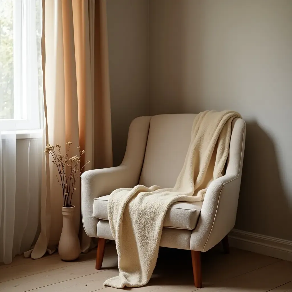 a photo of a cozy corner with a soft armchair and a warm blanket