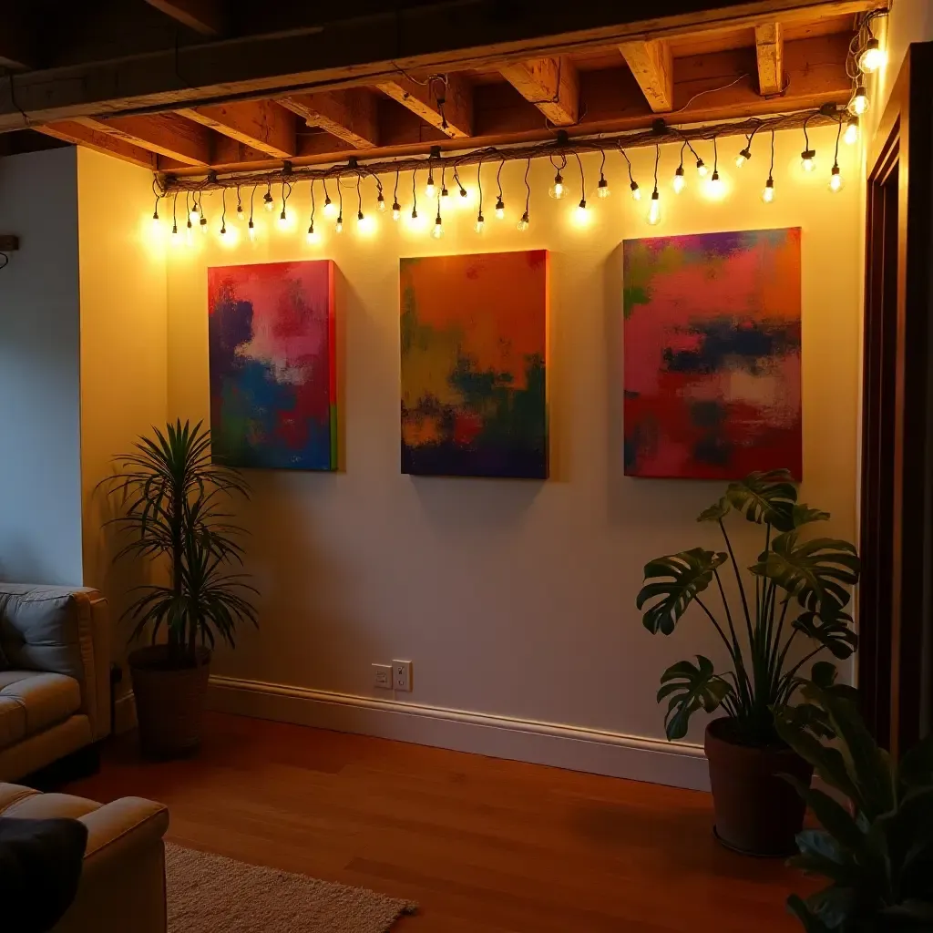 a photo of a basement wall adorned with colorful canvas art and fairy lights