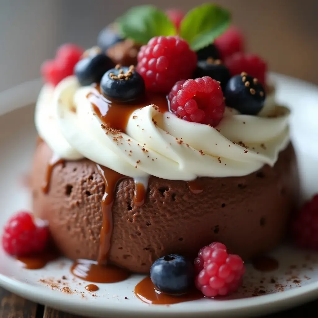 a photo of a decadent chocolate mousse with whipped egg whites, garnished with berries.