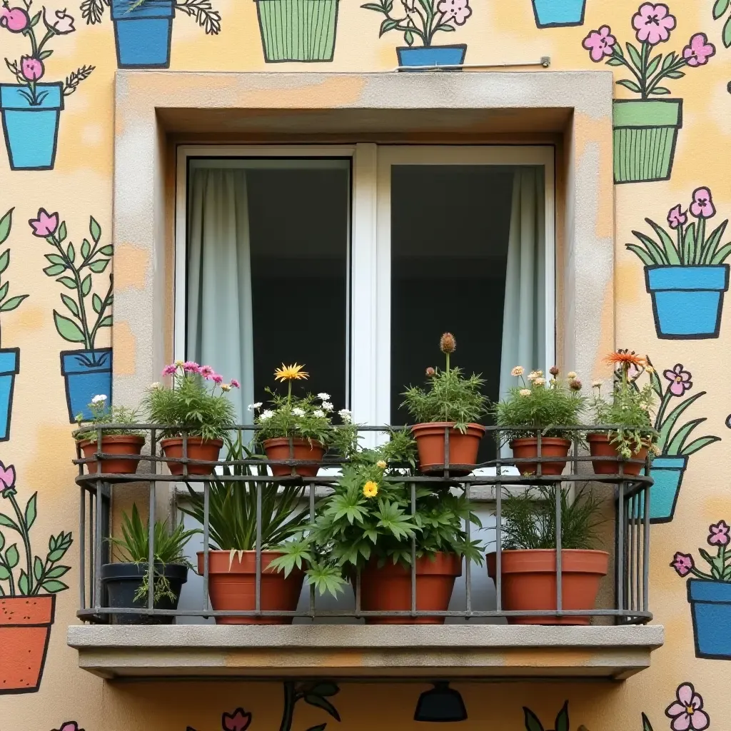 a photo of a balcony with a whimsical garden wall of painted pots