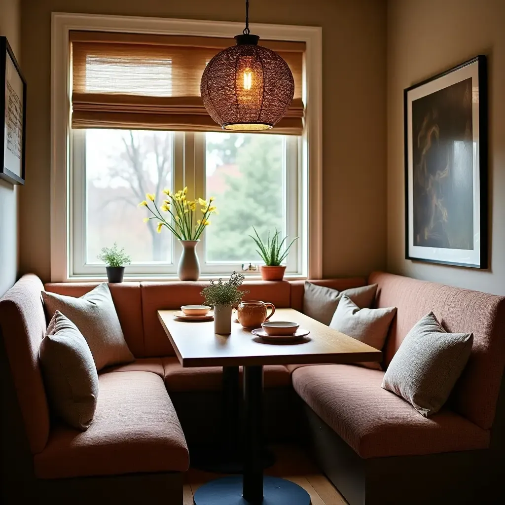 a photo of a cozy breakfast nook with layered textiles and warm lighting