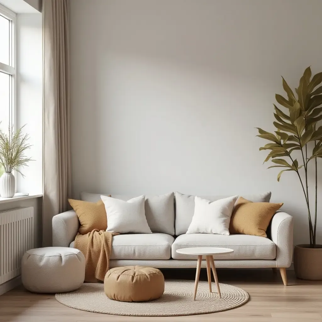 a photo of a small living room featuring soft textures and calming color palettes