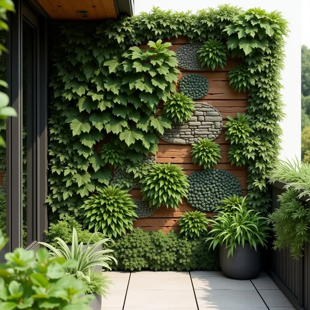 a photo of a balcony garden wall with a mix of textures and colors