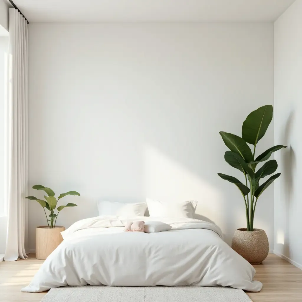 a photo of a minimalist bedroom with a single large statement plant