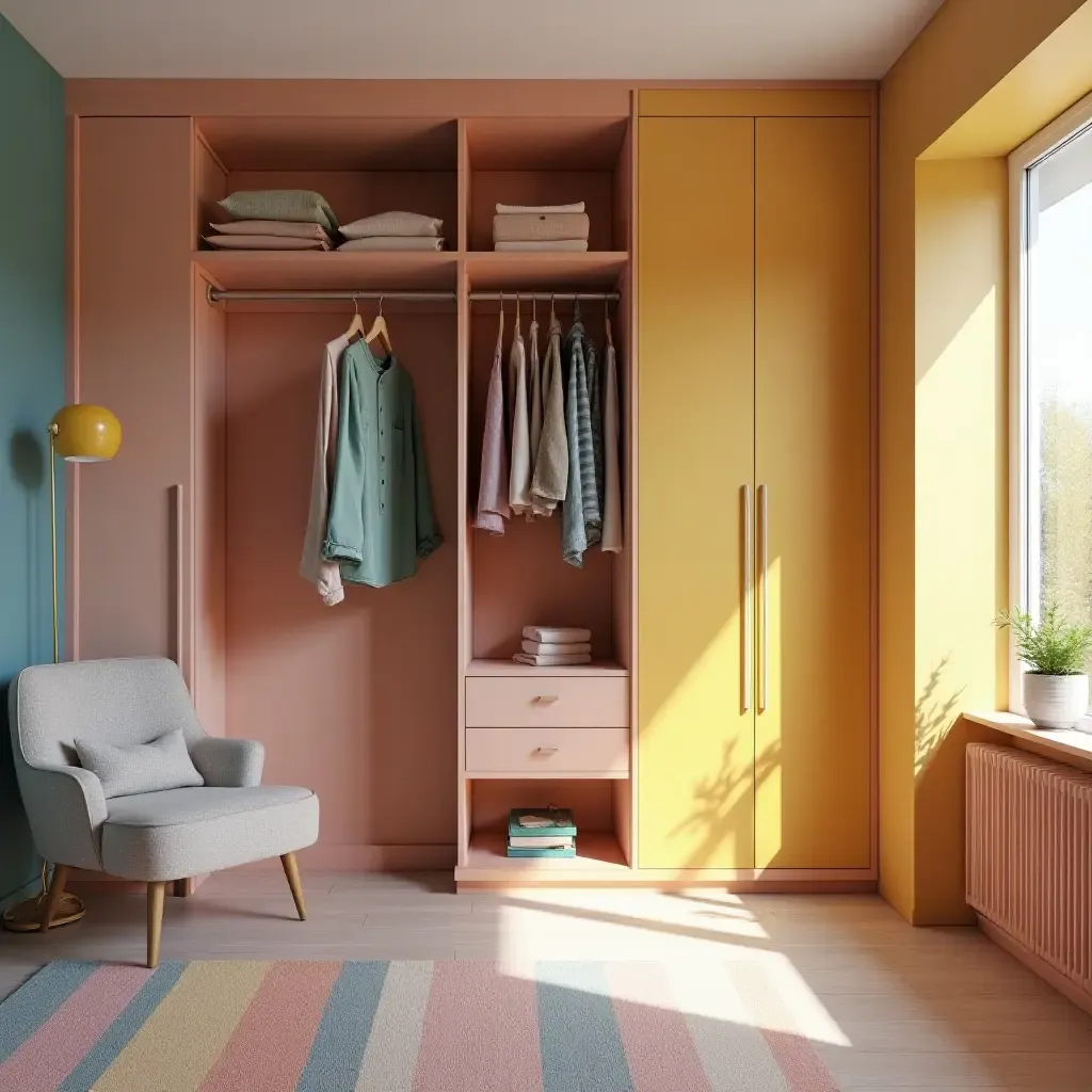 a photo of a colorful room featuring a creative closet system