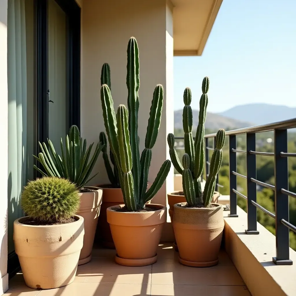 a photo of a balcony with an artistic arrangement of cacti