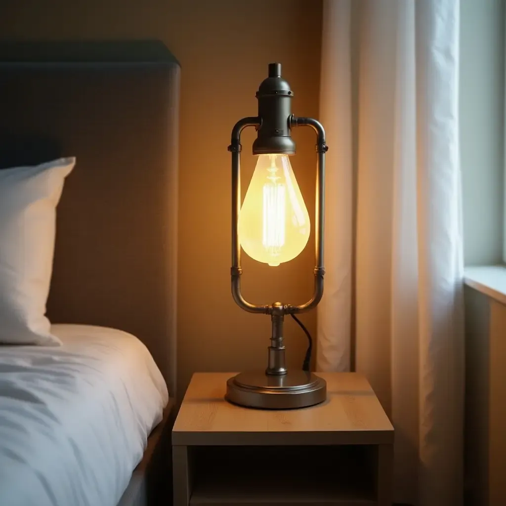 a photo of a unique lamp made from industrial materials in a bedroom