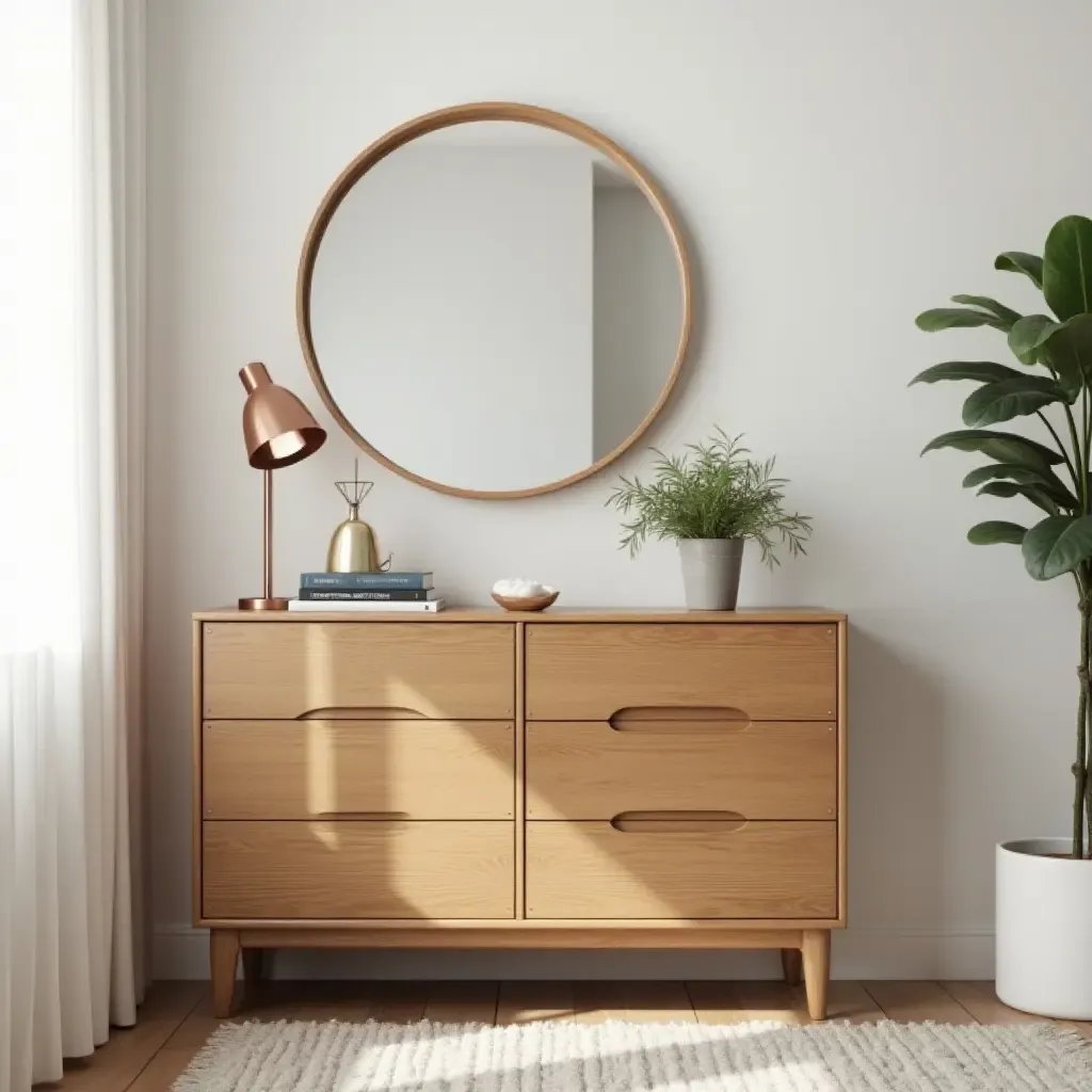 a photo of a wooden dresser with a mirror in a stylish teen&#x27;s room