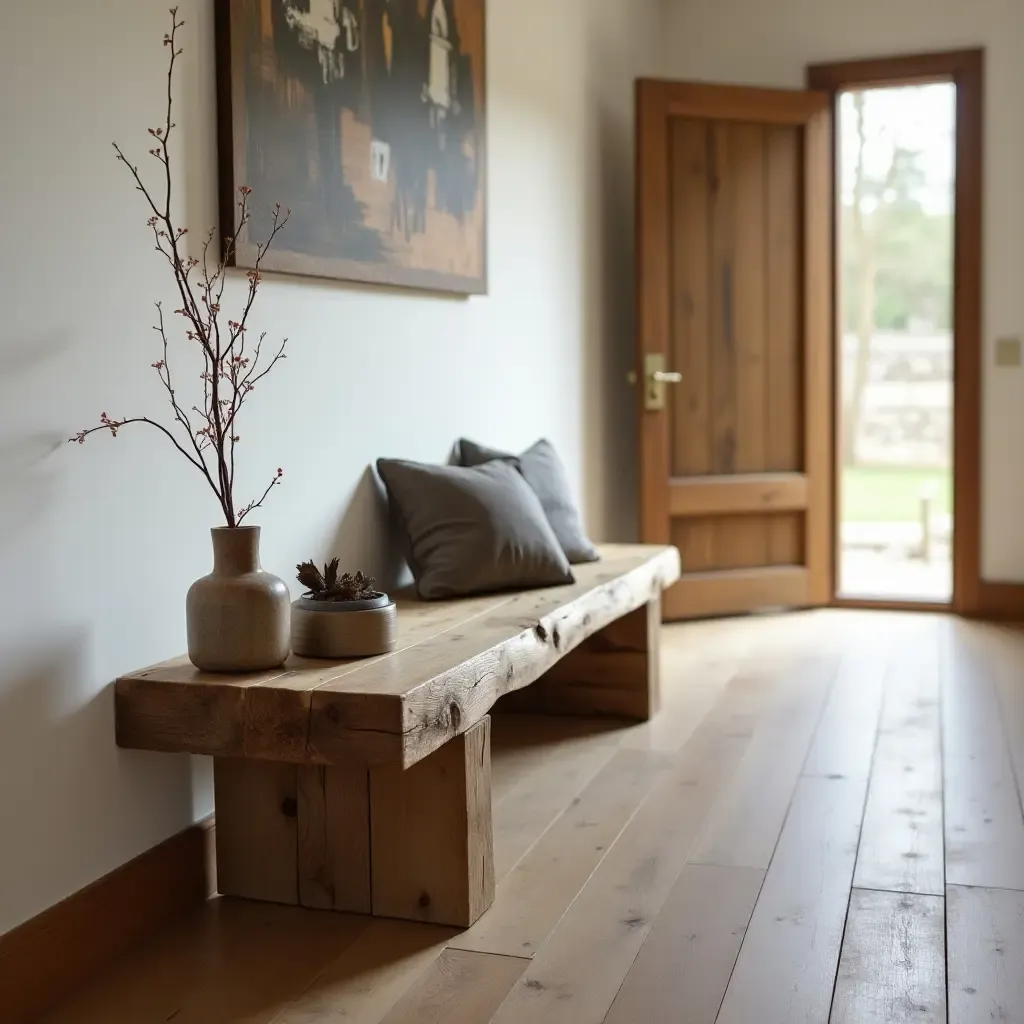 a photo of a rustic bench made from reclaimed wood in a corridor