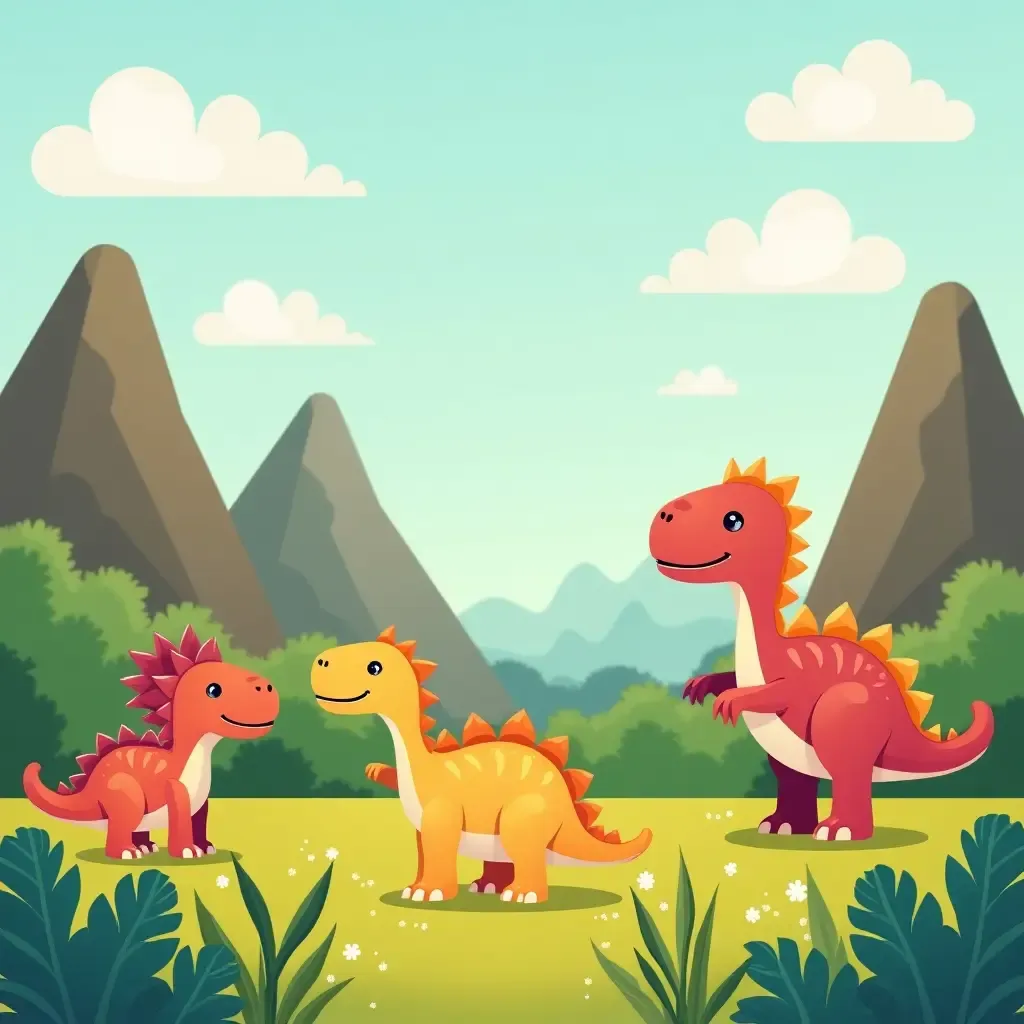 a photo of a cute dinosaur landscape with colorful prehistoric creatures