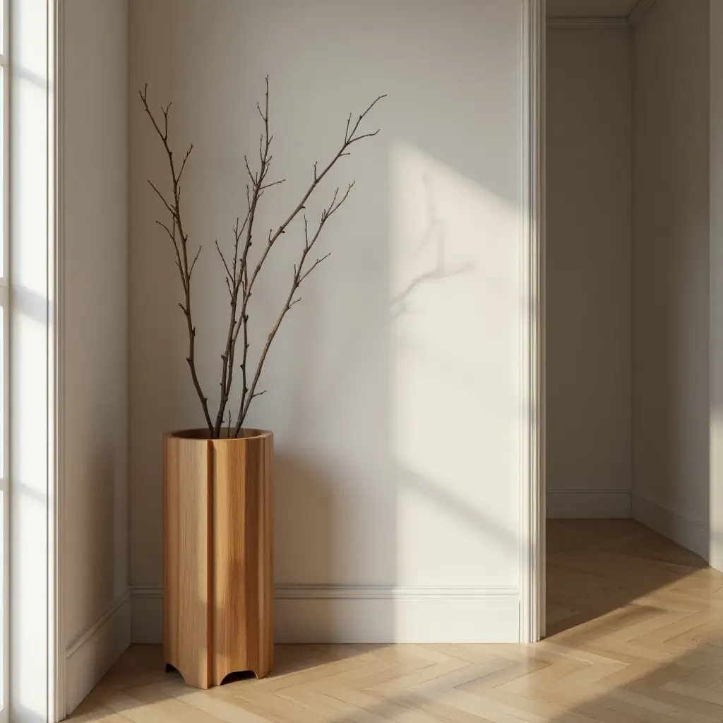 a photo of a wooden umbrella stand in a chic hallway