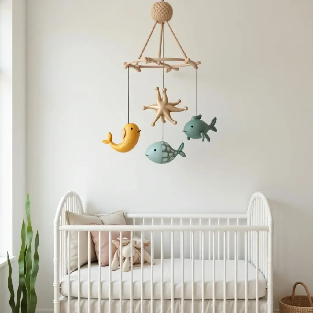 a photo of a nursery featuring a Mediterranean-style mobile with sea creatures