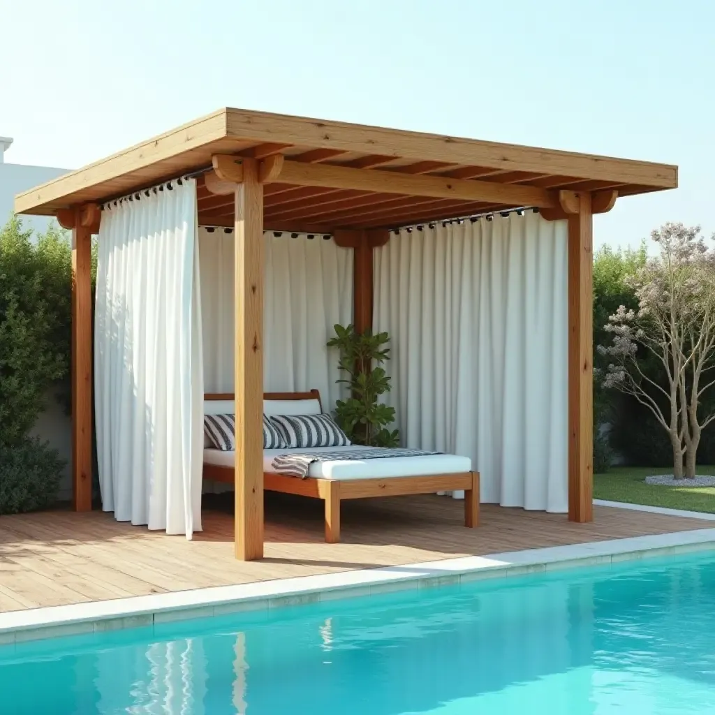 a photo of a wooden cabana with curtains by the pool