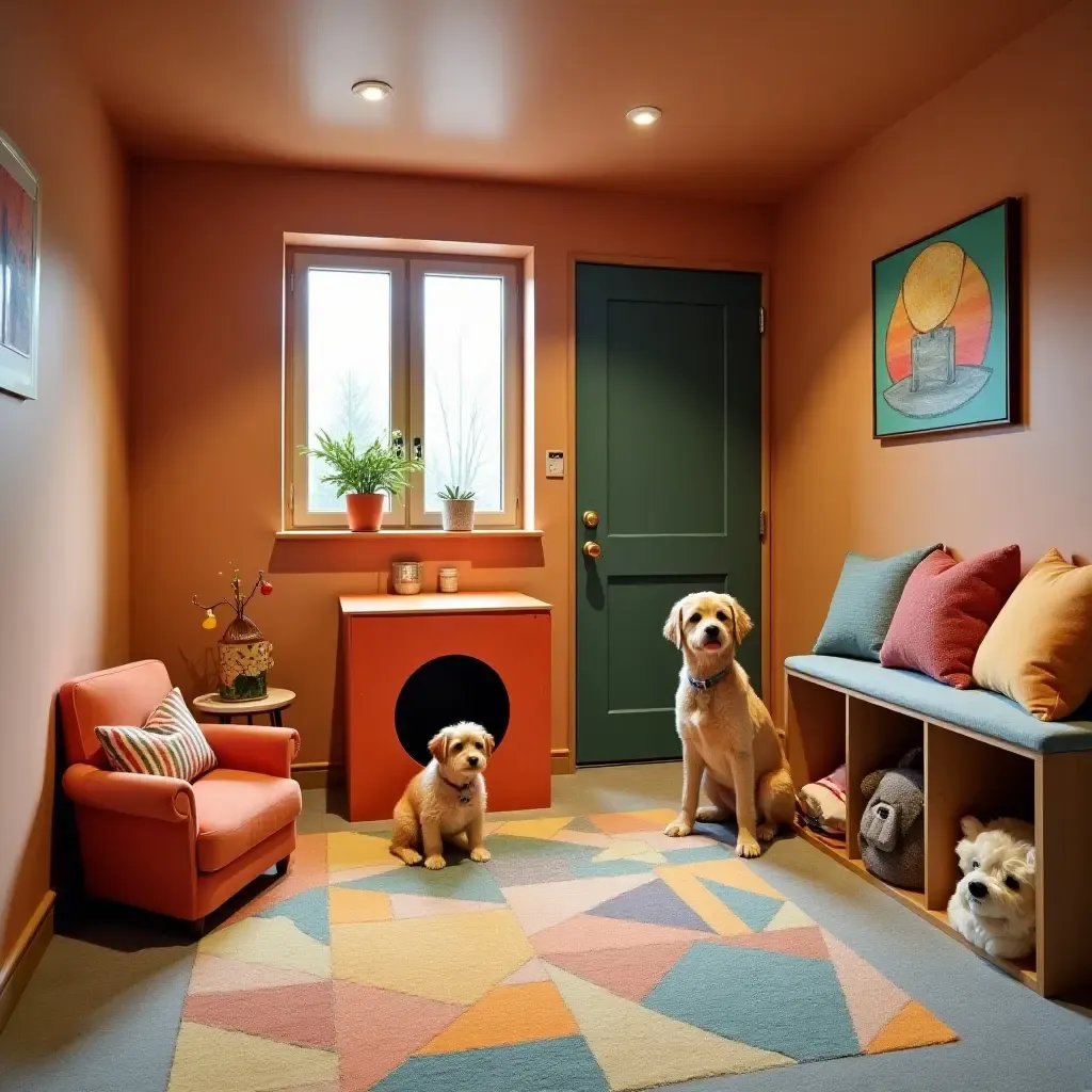 a photo of a basement featuring a colorful and cozy pet play area