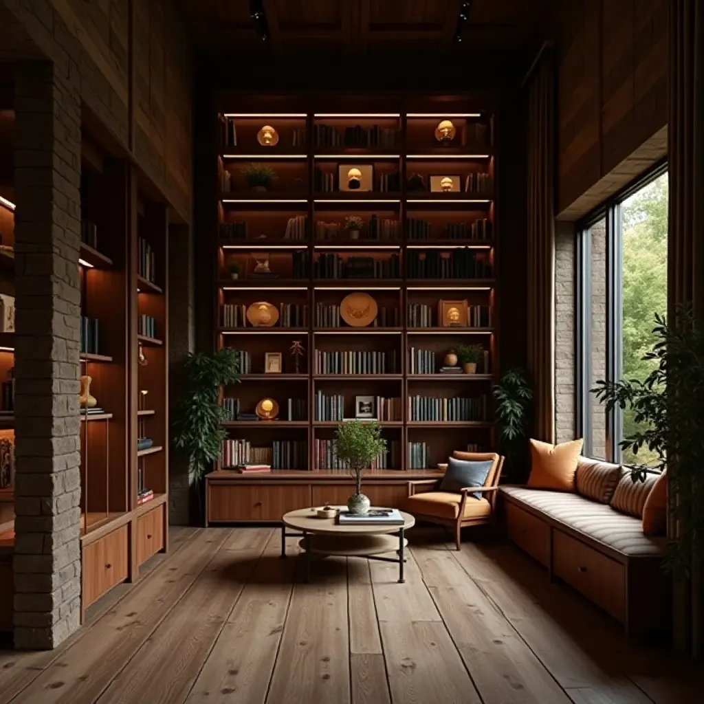 a photo of a library with a blend of rustic charm and modern design