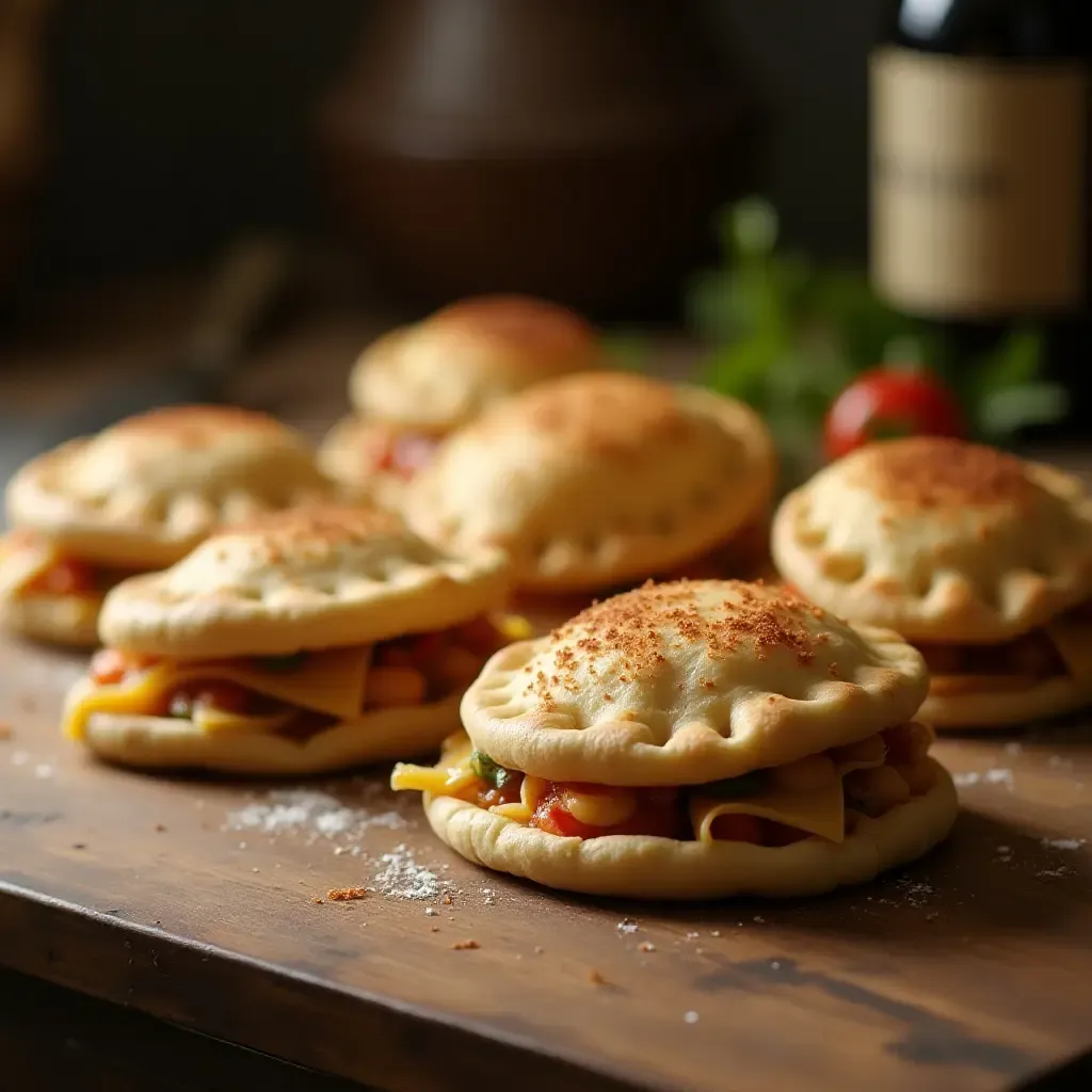 a photo of freshly made gorditas, stuffed with beans and cheese, on a rustic kitchen counter.