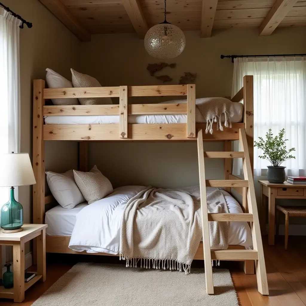 a photo of a rustic wooden loft bed in a bohemian-themed room