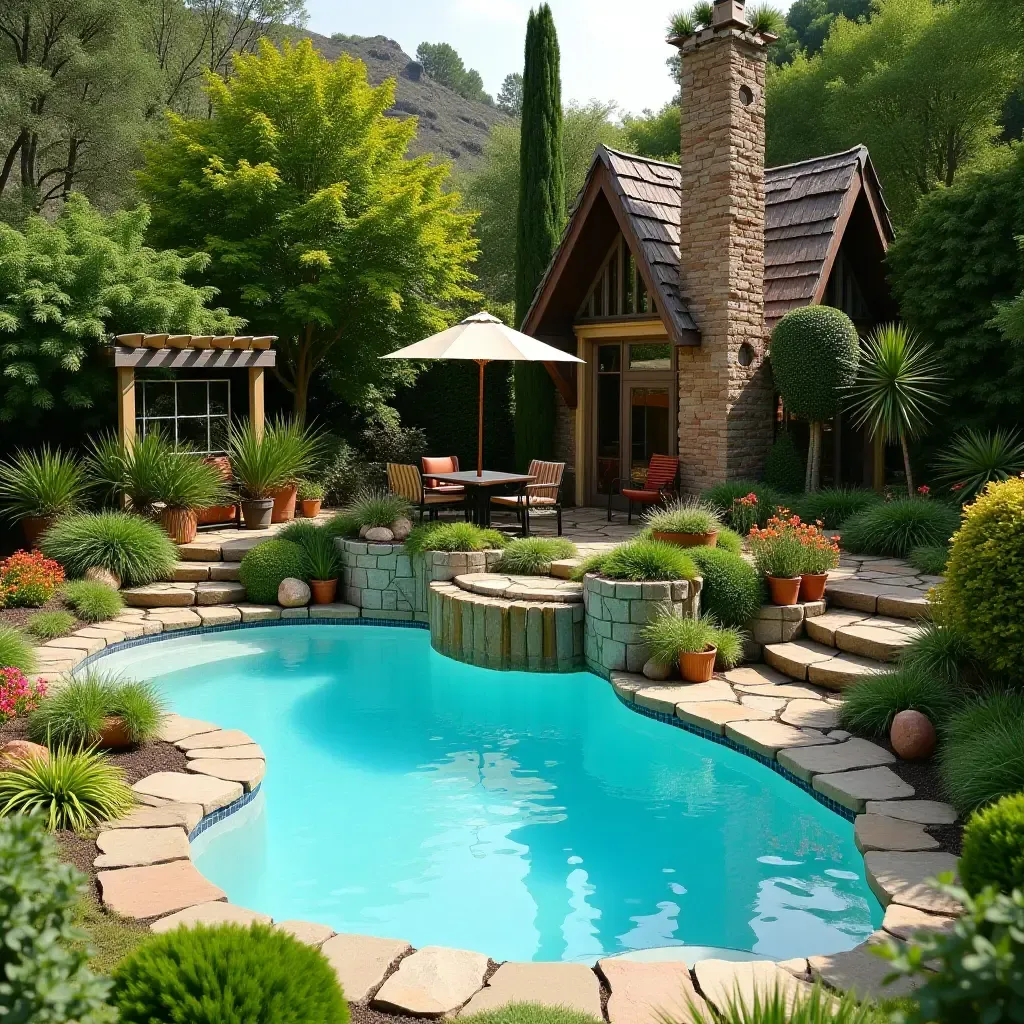 a photo of a whimsical fairy garden beside a swimming pool