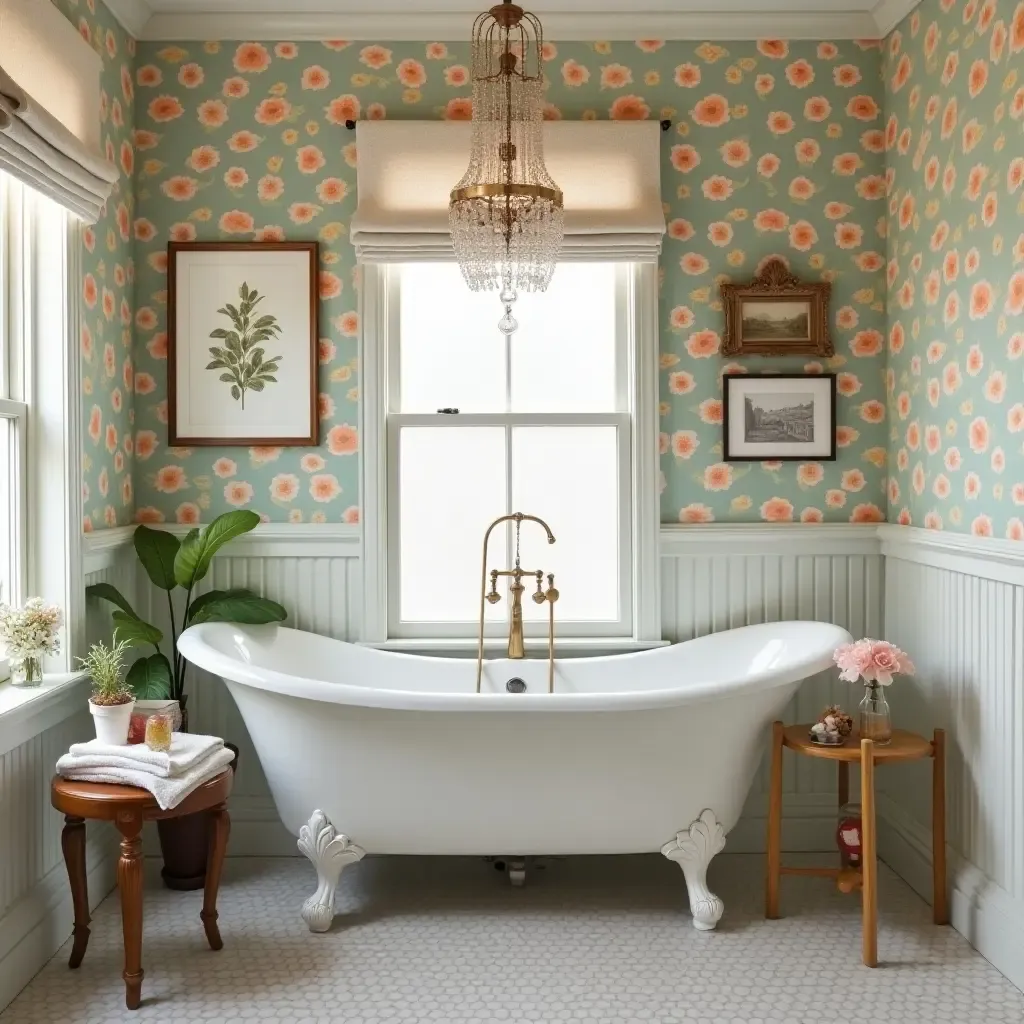 a photo of a chic bathroom with patterned wallpaper and vintage decor